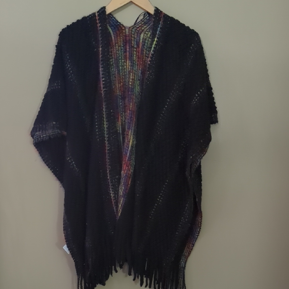 Black Knitted Poncho Sweater with Fringe